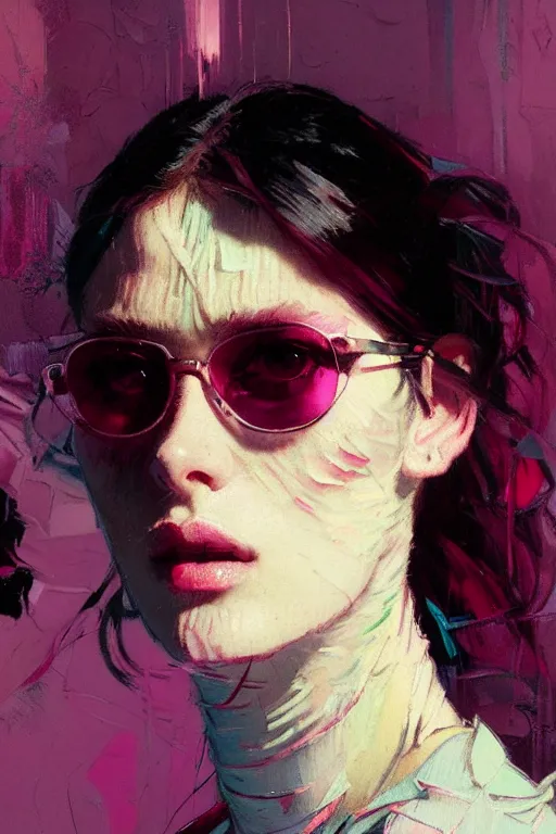 Image similar to portrait of a beautiful sad girl, dark hair, shades of pink, beautiful face, rule of thirds, intricate outfit, spotlight, by greg rutkowski, by jeremy mann, by francoise nielly, by van gogh, digital painting