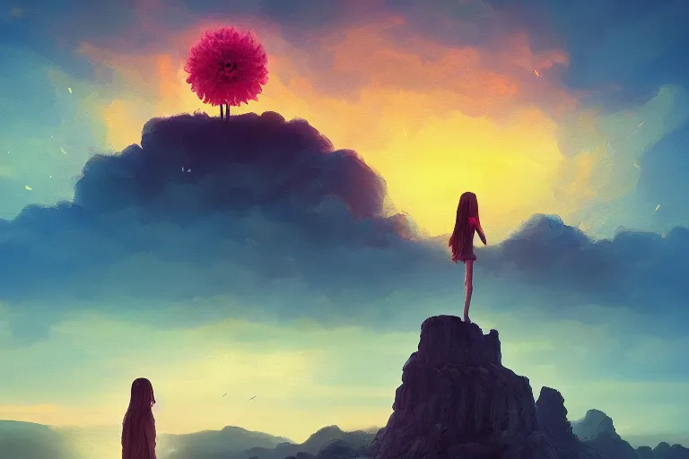 Image similar to giant flower over head, girl standing on cliff, surreal photography, sunset, stars, dramatic light, impressionist painting, storm clouds, digital painting, artstation, simon stalenhag