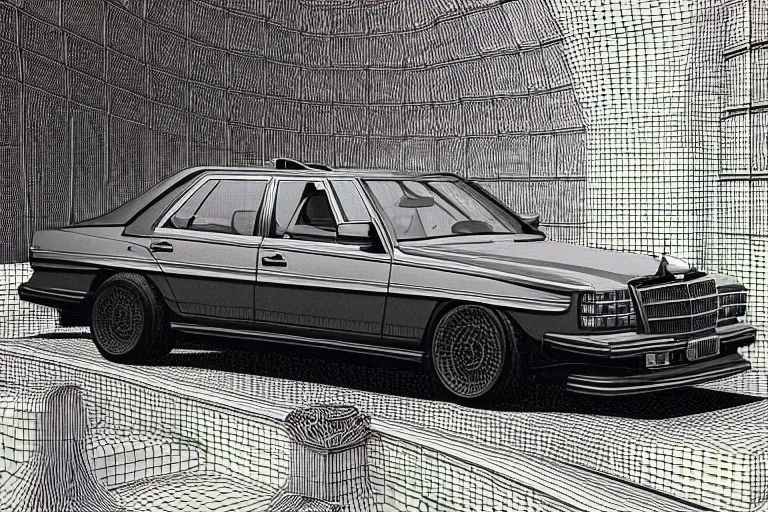Prompt: intricate, 3 d, 1 9 7 8 vector w 8 twin turbo mercedes, style by caspar david friedrich and wayne barlowe and ted nasmith.