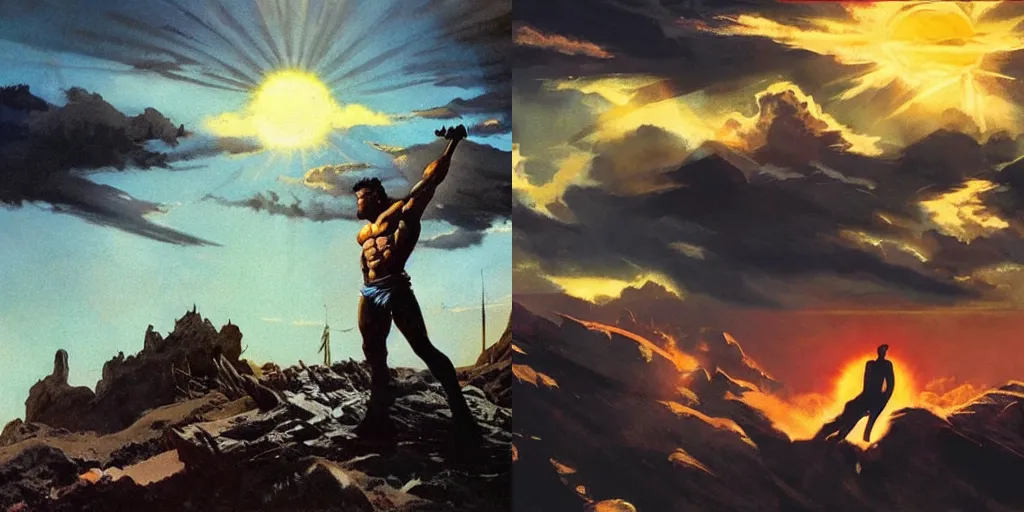 Prompt: dramatic sunset and dramatic sky , lone muscular man in the middle of the sun , painting by frazetta, low angle perspective, postapocalyptic panorama.asthetics !