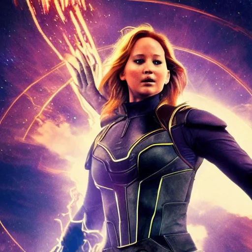 Prompt: Jennifer Lawrence as Thanos snapping his fingers with the eye of sauron in the background, 8k, high detail