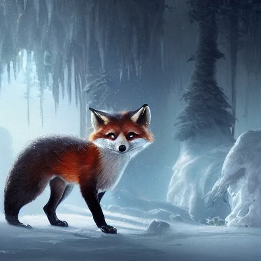 Prompt: Ice Fox, trending on artstation, ultra detailed, 8k, character illustration by Greg Rutkowski, Thomas Kinkade.