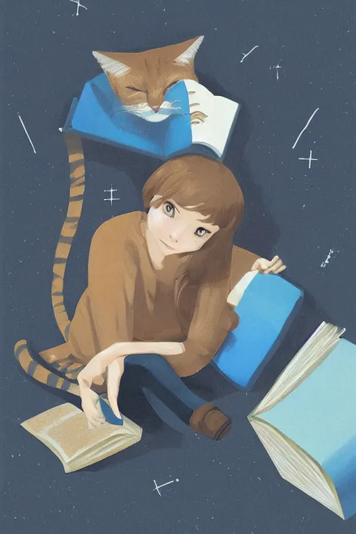 Image similar to a digital painting of a girl reading a book with a cat in A comfortable study room at night,JK uniform ,Hairdryer,blue theme,geometric shapes,S line,hard edges, by krenz cushart and liduke