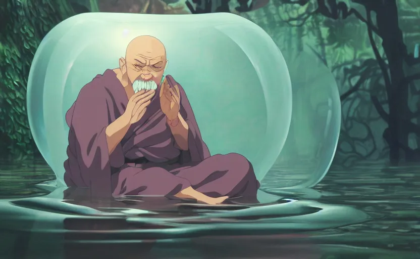 Image similar to a film still portrait of a mauve old monk meditating inside a cubic bubble in a flooded temple jungle. finely detailed features, closeup at the faces, chronenberg, perfect art, grimdark, trending on pixiv fanbox, painted by studio ghibli