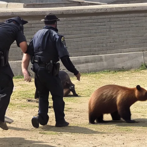 Image similar to capybara police arresting a bear