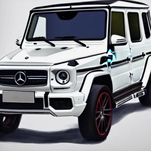 Image similar to White 2019 Mercedes G63, photorealistic, highly detailed, digital painting, artstation, concept art, smooth, sharp focus, illustration, art by John Baeder