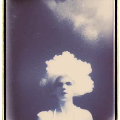 Image similar to a polaroid portrait of a beautiful young woman at night, detailed clouds, stars are visible in the sky, heavy film grain, color bleed