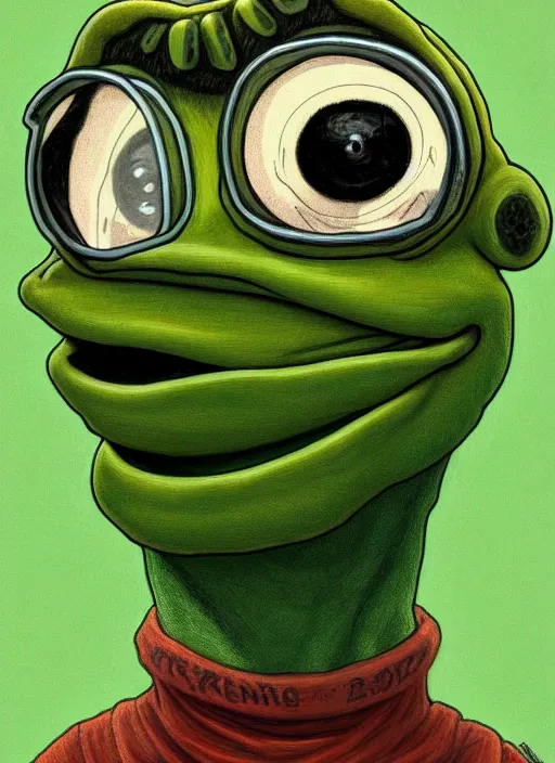 Prompt: pepe the frog by matt furie!!!, male, sad, depressed, portrait, intricat, highly detailed, digital painting, artstation, concept art, wallpaper, smooth, sharp focus, illustration, art by h. r. giger and artgerm and greg rutkowski and alphonse mucha