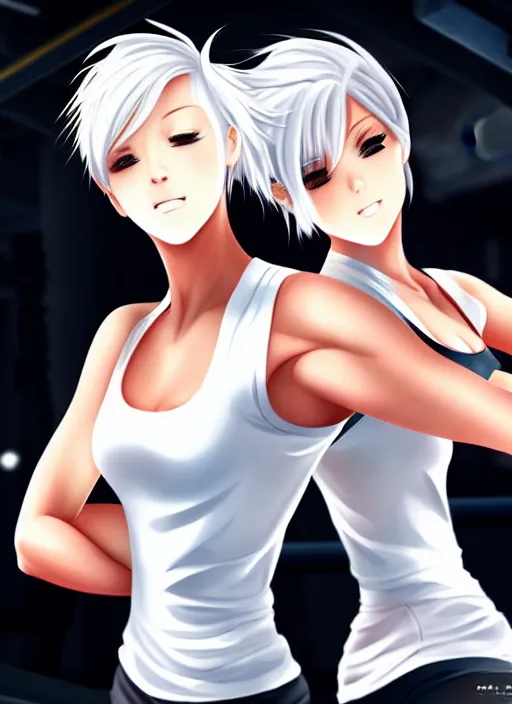 Image similar to two beautiful identical female fighters with short hair facing each other in gym, white top, dim lighting, gorgeous features, high resolution, detailed anime art