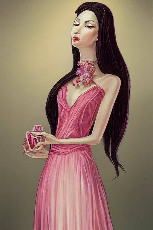 Prompt: a beautiful 4 0 years old chatain hair woman in a pink - red long dress levitates three precious little transparent bottle filled with a magic ivory white liquid with a black sticker on it, fantasy, intricate, elegant, highly detailed, digital painting, artstation, concept art, matte, sharp focus, illustration,