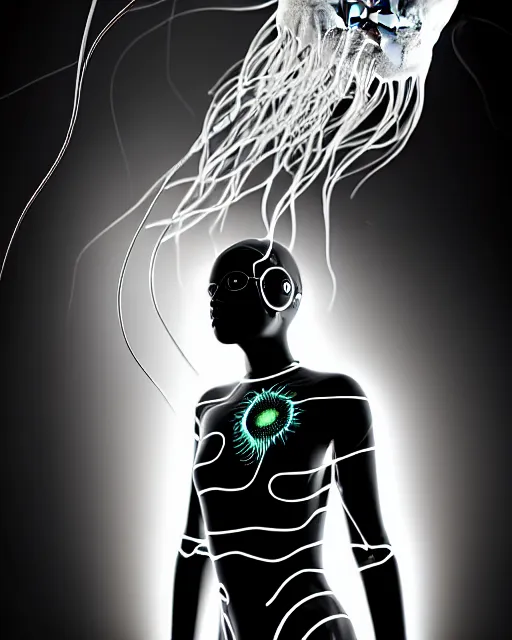 Image similar to black and white young female-cyborg-human-jellyfish-plant high quality photo, microchip, artificial intelligence, bio-mechanical bio-luminescence, black wired cables, neurons, nerve cells, octane render, cinematic, rim light, hyper realism, photo-realistic, high detail, 8k, masterpiece, high fashion, in the style of Dora Maar