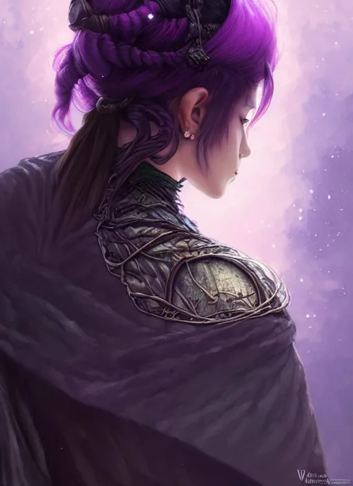 Image similar to back portrait rugged girl, adventurer outfit large cloak, fantasy forest landscape, dragon scales, fantasy magic, undercut hairstyle, short purple black fade hair, dark light night, intricate, elegant, sharp focus, illustration, highly detailed, digital painting, concept art, matte, art by wlop and artgerm and greg rutkowski and alphonse mucha, masterpiece