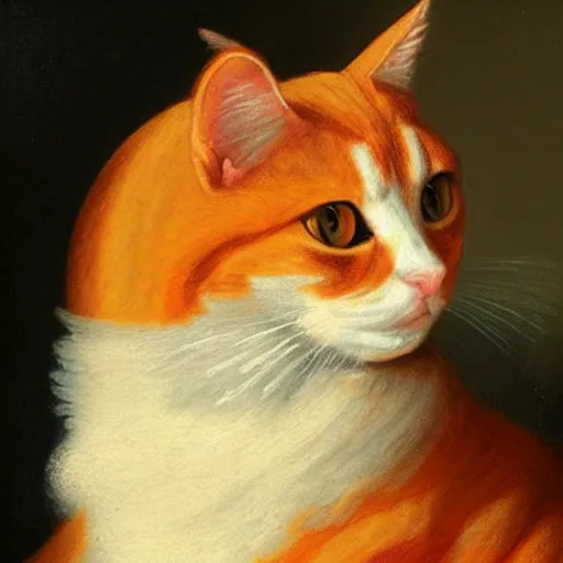 Prompt: a realistic 1 8 th century painting of an orange cat looking at the painter oil on canvas, sharp, in the style of rembrandt