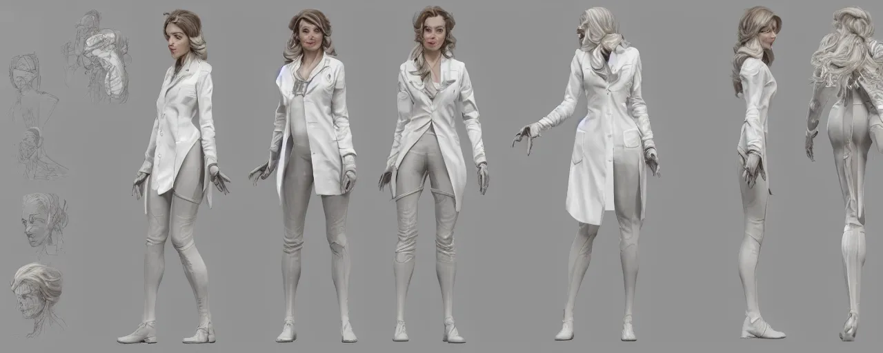 Image similar to character design, reference sheet, gaunt, a beautiful and elegant young lady, doctor's white coat, concept art, photorealistic, hyperdetailed, 3d rendering , art by Leyendecker and frazetta,