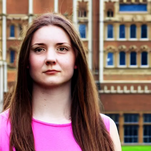 Prompt: A young woman with long brown hair and a pink top, headshot, with the top of Royal Holloway Building in the background, realistic photo