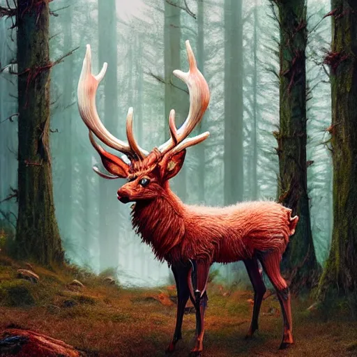Image similar to a fluffy android stag in the forest:: by Martine Johanna and Simon Stålenhag and Chie Yoshii and Casey Weldon and Guillermo del toro :: ornate, dynamic, particulate, intricate, elegant, highly detailed, centered, artstation, smooth, sharp focus, octane render, 3d