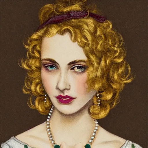 Image similar to ornate by cyril pontet flax. illustration. a beatiful portrait of a young woman, pictured from the shoulders up, wearing a pearl necklace & earrings. she has blonde hair that is styled in loose curls, & she is looking to the side with a soft expression.