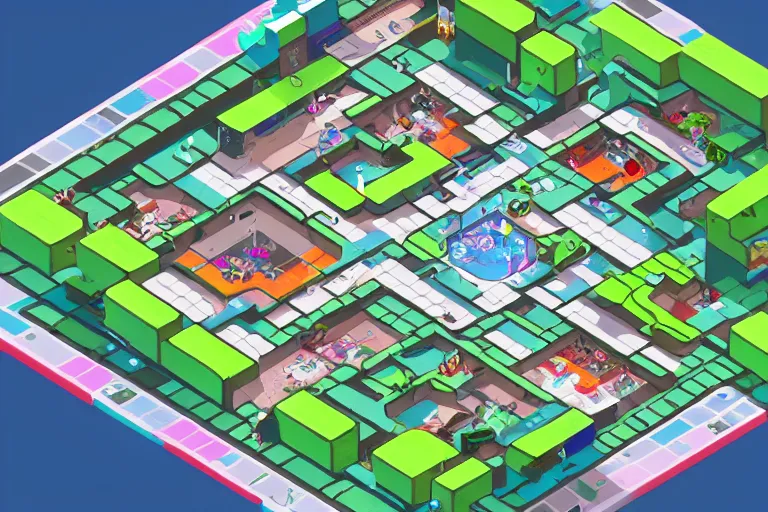 Prompt: isometric view of a splatoon 2 level, inspired by modern skate parks and modern chinese playgrounds in the style of splatoon, day