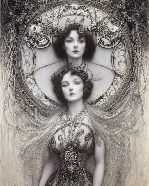 Image similar to in the style of beautiful vivien leigh, steampunk, detailed and intricate by jean delville, gustave dore and marco mazzoni, art nouveau, symbolist, visionary, gothic, pre - raphaelite