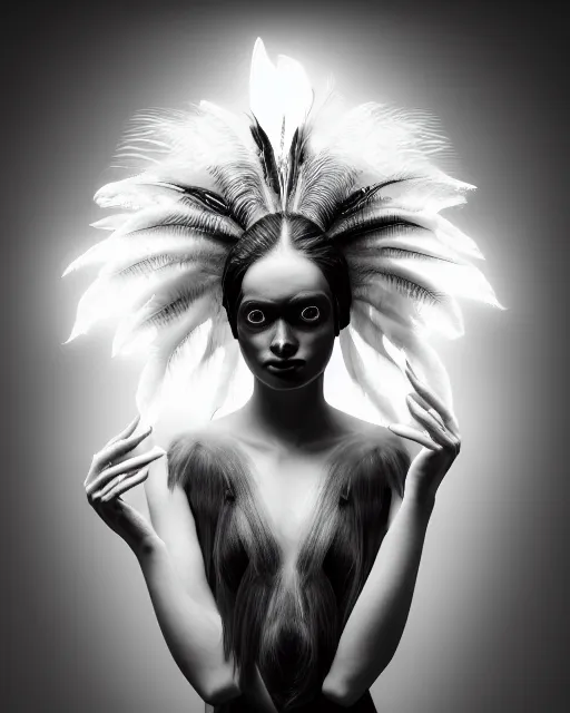 Prompt: surreal mythical dreamy dark artistic black and white fine art 3 / 4 portrait photo of a young delicate mutant female - cyborg - vegetal - orchid - bird with long pale feather hair, rim light, cinematic, studio dramatic light, poetic, octane render, 8 k, photo - realistic