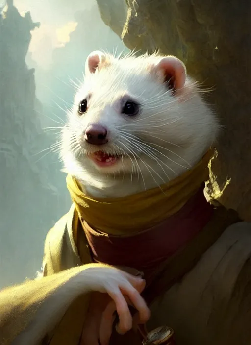 Image similar to a beautiful close - up shot from a fantasy film of an anthropomorphic ferret with bright golden eyes wearing a loose tunic. joseph ducreux, greg rutkowski.