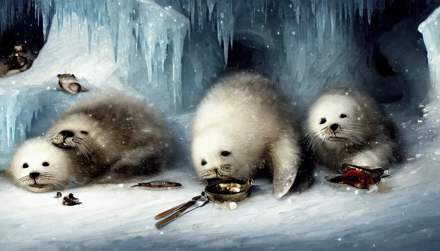 Image similar to highly detailed painting of cute furry white baby seals eating fish inside a snowy fantasy ice crystal cavern by william turner, by greg rutkowski, by william constable, thick brush strokes and visible paint layers, 4 k resolution