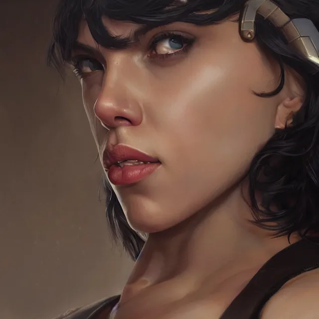 Image similar to detailed portrait of scarlett johansson as a female bodybuilder pharah from overwatch, attractive, beautiful, fantasy, intricate, elegant, highly detailed, digital painting, artstation, concept art, matte, sharp focus, illustration, art by aenaluck, artgerm and roberto ferri and greg rutkowski, epic fantasy, digital painting