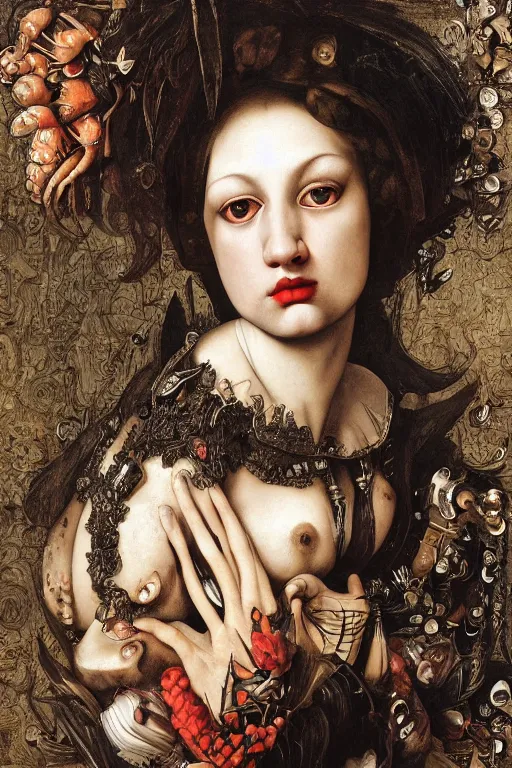 Image similar to Detailed maximalist portrait with large lips and with large, wide eyes, sad expression, extra bones, flesh, HD mixed media, 3D collage, highly detailed and intricate, surreal, illustration in the style of Caravaggio, dark art, baroque