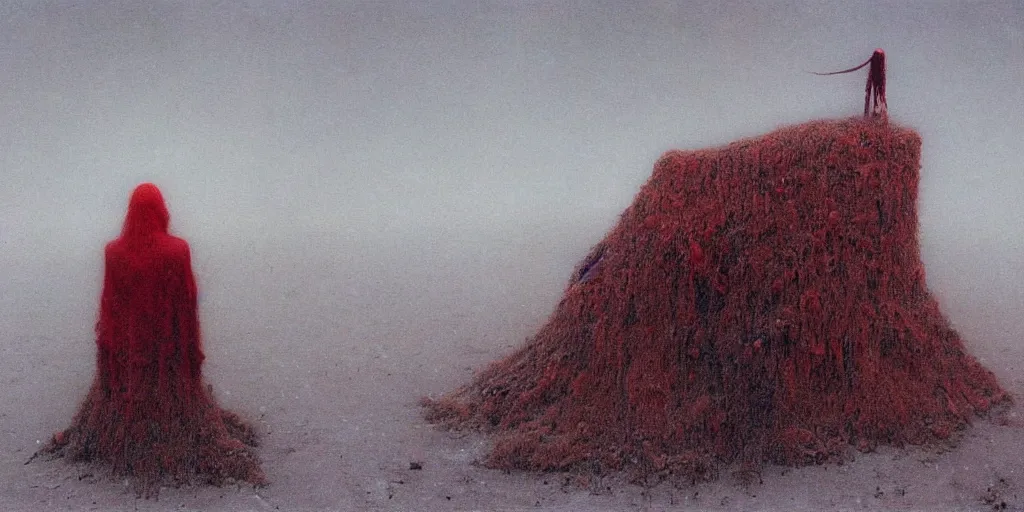 Image similar to surrealist painting of a lonely woman with pale skin and red hair standing over pile of bodies in post apocalyptic snowy landscape painted by beksinski