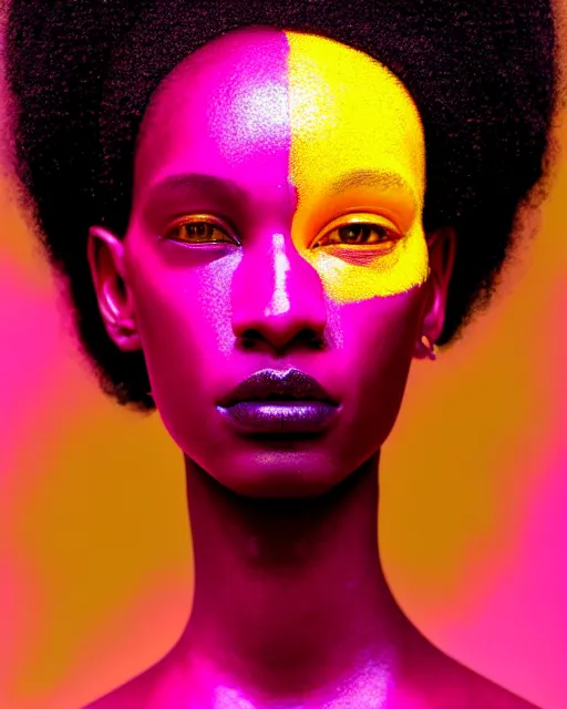 Prompt: hyperrealist highly intricate neo-baroque portrait pink pearlescent exoskeleton beautiful black goddess concept art pascal blanche key sage dramatic yellow lighting 8k high angle shallow depth of field