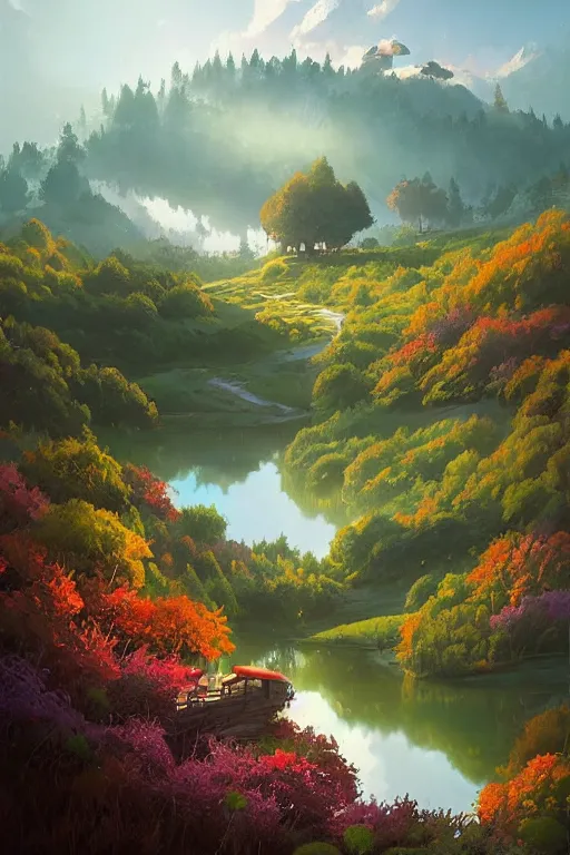 Image similar to beautiful matte painting by goro fujita whimsical art fantasy path mountains and meadow in the background near a lake reflecting the trees, atmospheric lighting, painted, intricate, volumetric lighting, beautiful, rich deep colors masterpiece, sharp focus, ultra detailed by