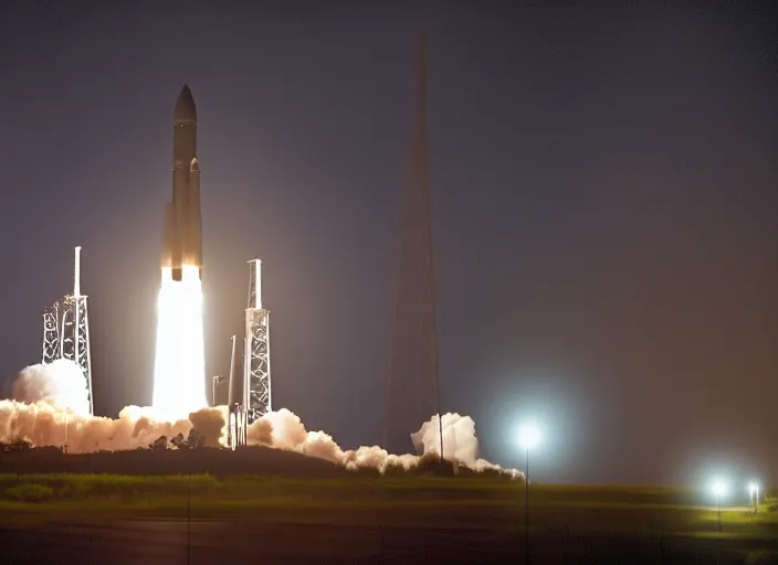 Image similar to film still of nighttime launch of the space launch system LC-39B at Kennedy Space Center in 2025, 4k, 120mm f5.6