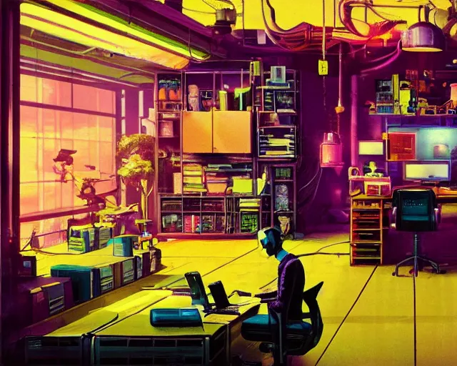 Prompt: IKEA catalogue photo of a cyberpunk office, by Paul Lehr