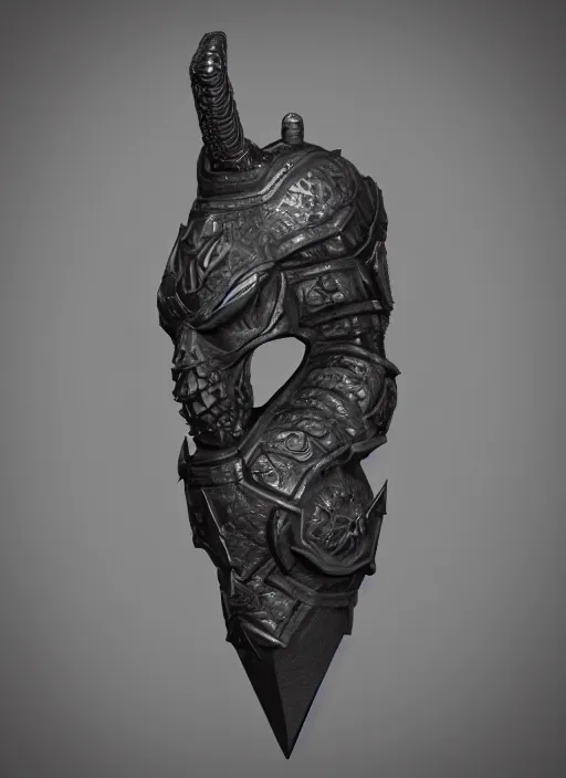 Prompt: a black long sword skull crest, orthographic, ornament, weapon, a 3 d render by dom qwek, front side views full, trending on polycount, artstation, hard surface modeling, rendered in maya, 3 ds max, blender, hd, vray, dark souls