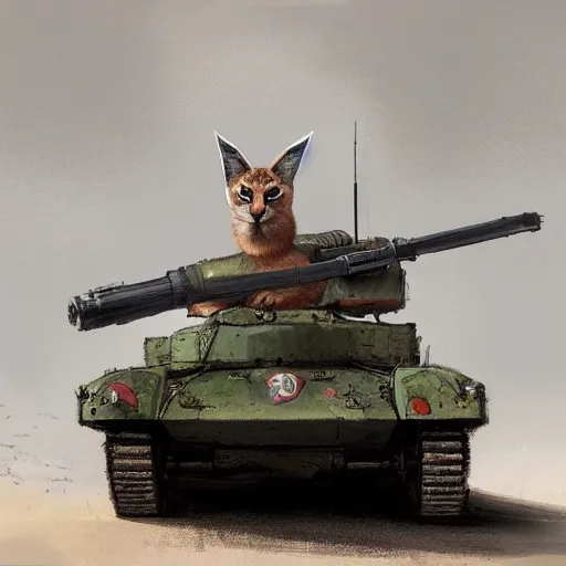 Image similar to cute caracal on a tank, portrait, jakub rozalski, dark colours, dieselpunk, artstation