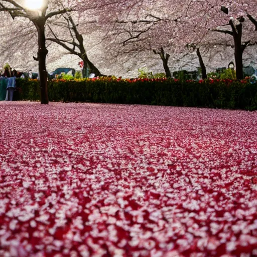 Image similar to perfume buried in cherry - blossom petals with a blurred floral garden in the background