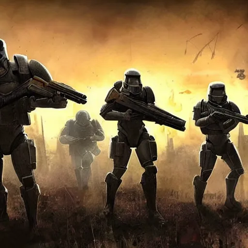 Image similar to three enclave soldiers standing in the foreground, half - life combine, fallout enclave armor, wolfenstein, killzone, deathtrooper, huge spaceship