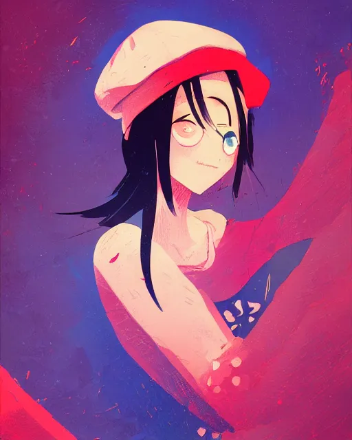 Image similar to girl with beret, colored manga panel, drawn by Anton Fadeev