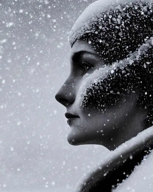 Image similar to a woman's face in profile, made of a snow capped Swiss mountain, in the style of the Dutch masters and Gregory Crewdson, dark and moody