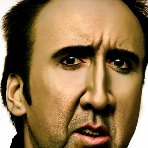 Prompt: closeup shot of nicolas cage with crazy grin and dramatic lightning and backlightning, highly detailed