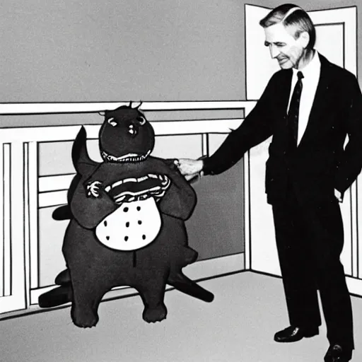Prompt: Mister Rogers holding a devil puppet on his hand