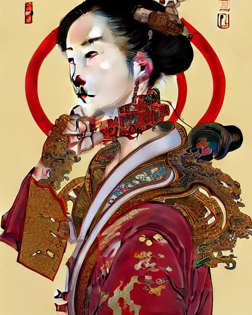 Image similar to portrait of a chinese cyberpunk machine, machine face, robed, upper half portrait, decorated with chinese opera motifs, regal, asian, fine china, wuxia, traditional chinese art intricate intense elegant 京 剧 highly detailed digital painting artstation concept art smooth sharp focus illustration, art by artgerm and greg rutkowski alphonse mucha 8 k