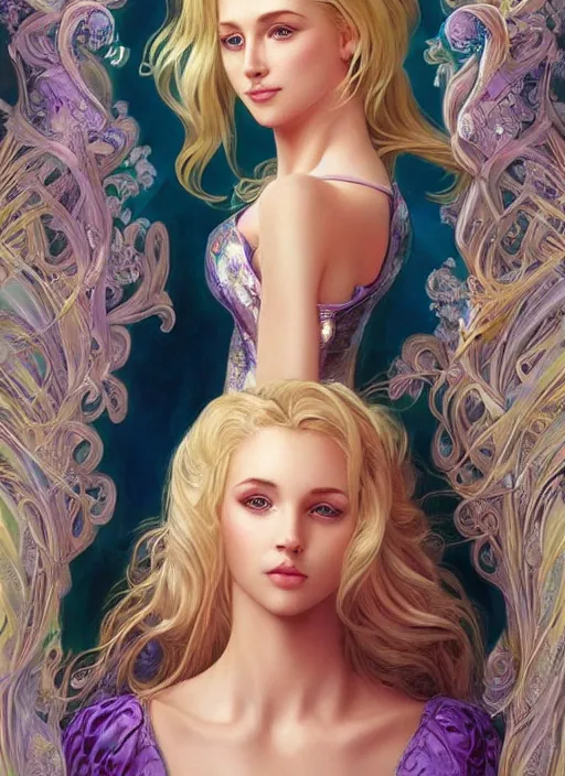 Prompt: blonde beautiful young woman, fantasy, extremely detailed gorgeous face, sad eyes, tears, sexy, photo realistic, magical, vaporwave aesthetic, synthwave, long luxurious gown, colorful, psychedelic, intricate, elegant, highly detailed, digital painting, artstation, concept art, smooth, sharp focus, illustration, art by artgerm and greg rutkowski and alphonse mucha