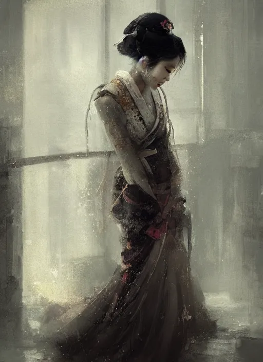 Image similar to female geisha girl, beautiful face, rule of thirds, intricate outfit, spotlight, by greg rutkowski, by jeremy mann, digital painting