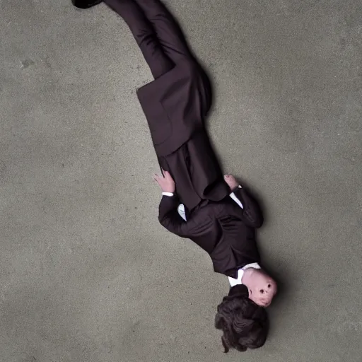 Prompt: Andy Richter is wearing a chocolate brown suit and necktie. Andy is lying flat on a concrete ground. Ariel view.