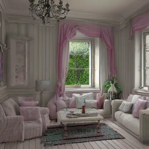 Image similar to a detalied 3 d render of a shabby chic living room, photorealism