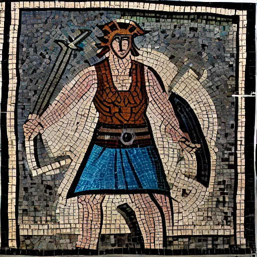 Image similar to ancient greek mosaic of link from zelda with raised sword