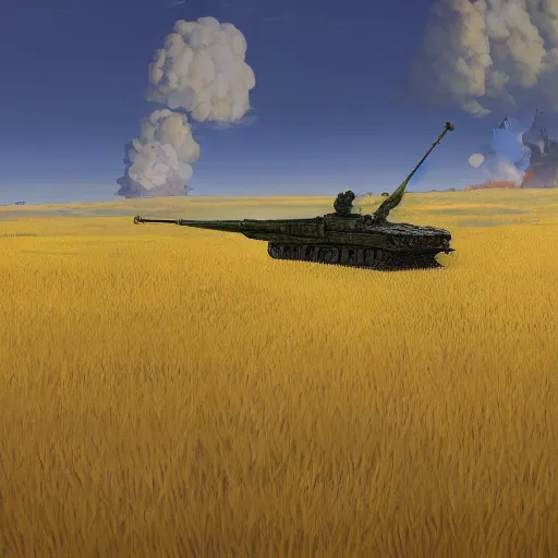 Prompt: a high resolution very detailed image of russian tank final boss battle from nier : automata in yellow rye field under pure blue skies