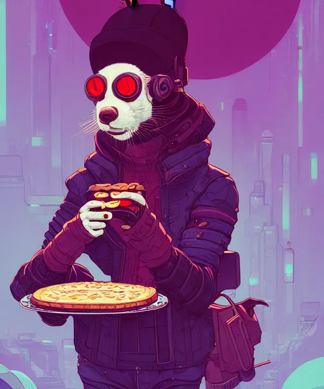 Image similar to a portrait of an anthropomorphic cyberpunk ferret eating pie, cyberpunk!, fantasy, elegant, digital painting, artstation, concept art, matte, sharp focus, illustration, art by josan gonzalez