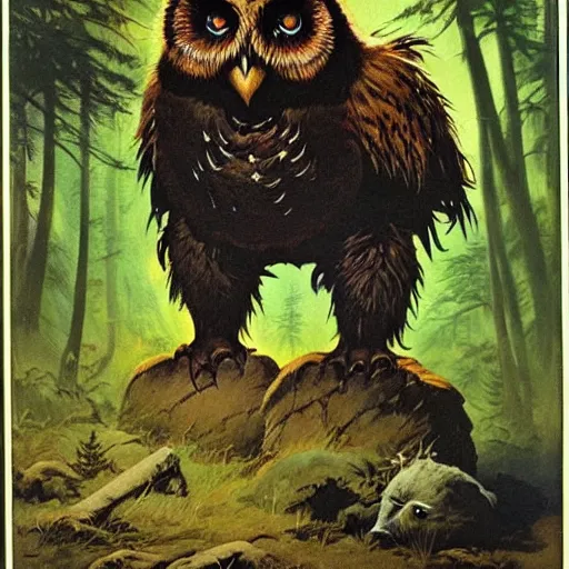 Prompt: three quarter portrait of an owlbear in the forest, d & d, fantasy, frank frazetta,